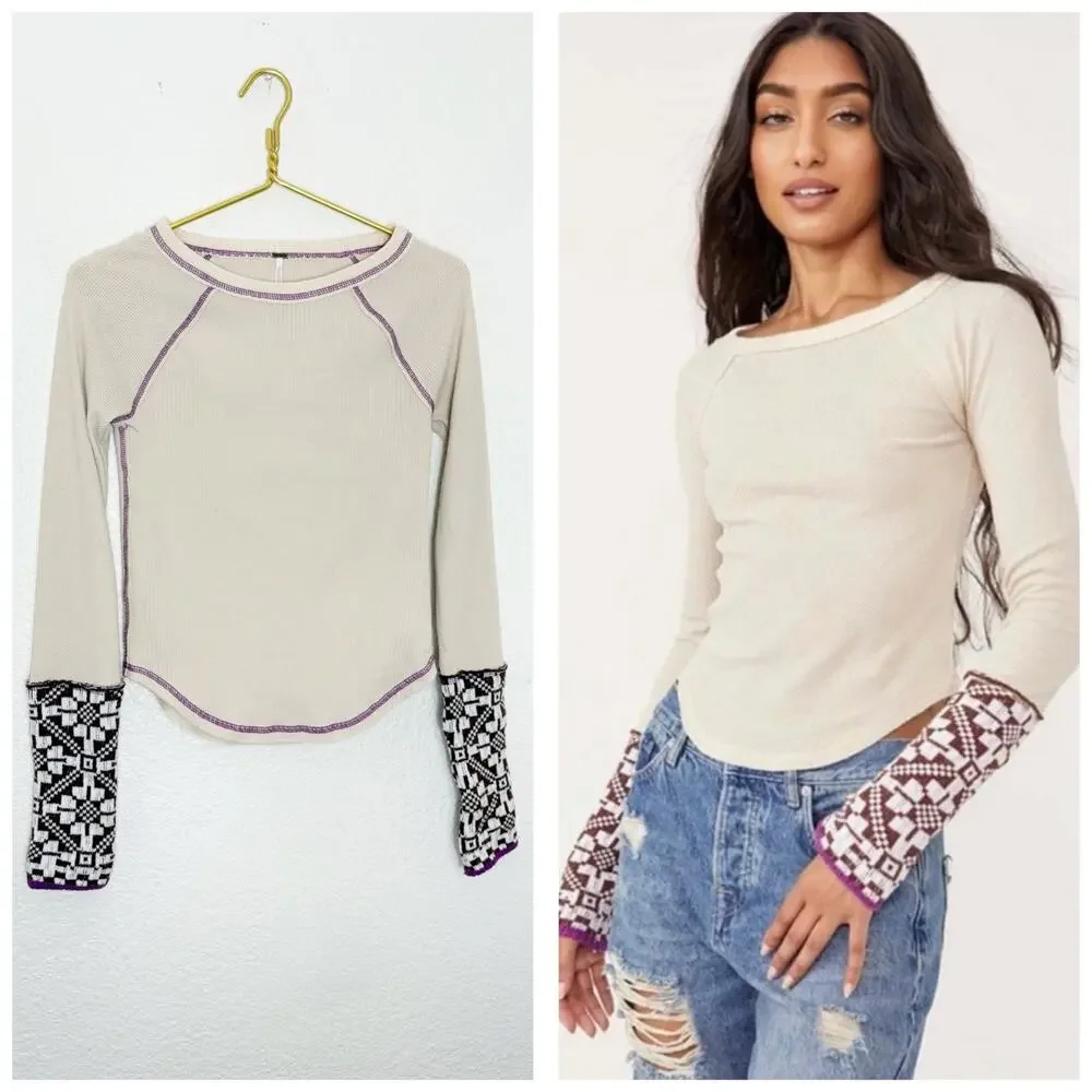 Free People She's Reversible Cuff Thermal Tee Oatmeal Size Small Bohemian